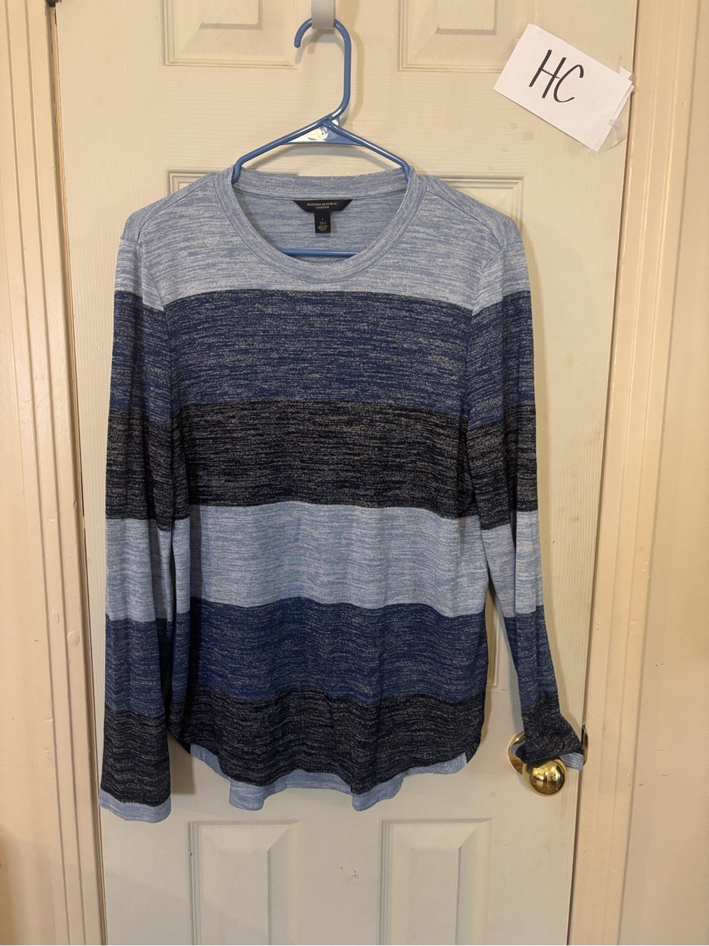 Banana Republic Light Blue and Navy Striped Crewneck Sweater